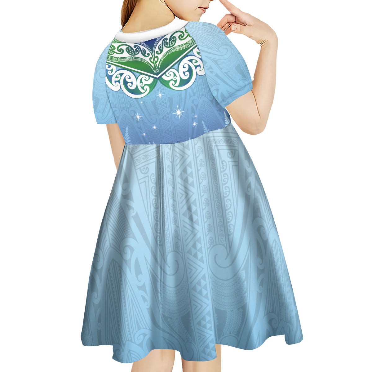 Aotearoa New Zealand New Year Kid Short Sleeve Dress Maori Motifs with Silver Fern and Matariki Stars LT03 - Polynesian Pride