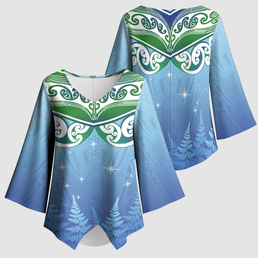 Aotearoa New Zealand New Year Kimono Sleeve Blouse Maori Motifs with Silver Fern and Matariki Stars LT03 - Polynesian Pride
