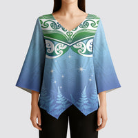 Aotearoa New Zealand New Year Kimono Sleeve Blouse Maori Motifs with Silver Fern and Matariki Stars LT03 - Polynesian Pride