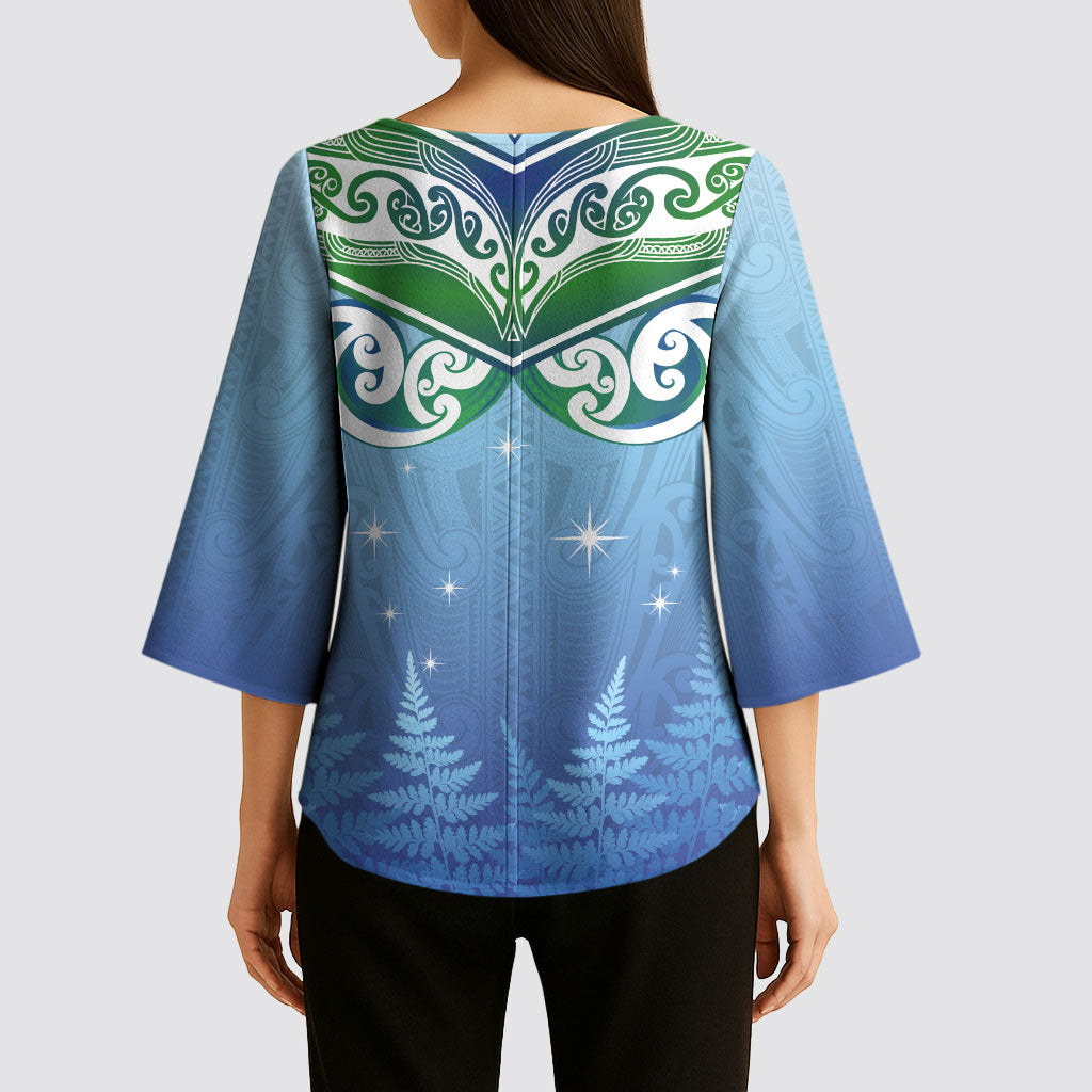 Aotearoa New Zealand New Year Kimono Sleeve Blouse Maori Motifs with Silver Fern and Matariki Stars LT03 - Polynesian Pride