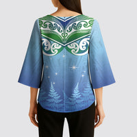 Aotearoa New Zealand New Year Kimono Sleeve Blouse Maori Motifs with Silver Fern and Matariki Stars LT03 - Polynesian Pride