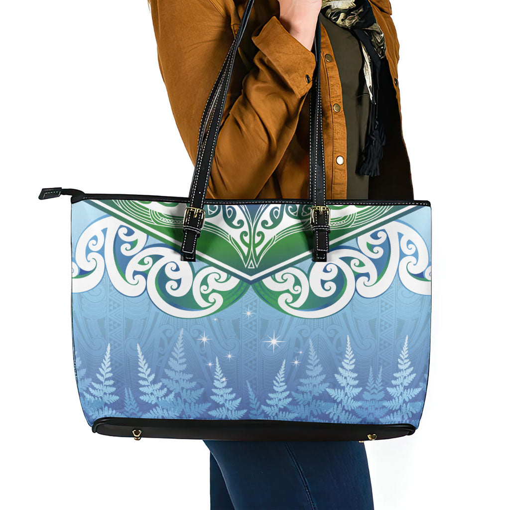 Aotearoa New Zealand New Year Leather Tote Bag Maori Motifs with Silver Fern and Matariki Stars LT03 - Polynesian Pride