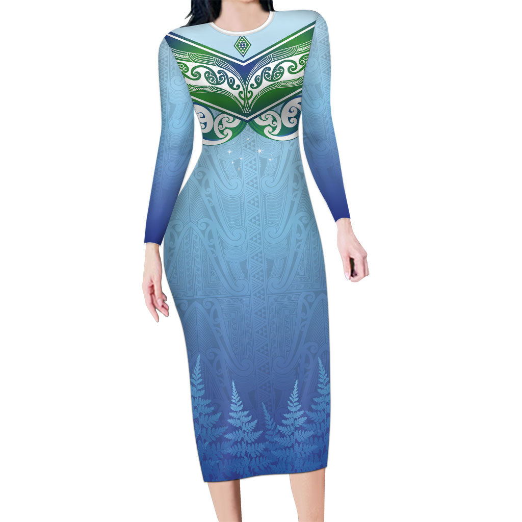 Aotearoa New Zealand New Year Long Sleeve Bodycon Dress Maori Motifs with Silver Fern and Matariki Stars