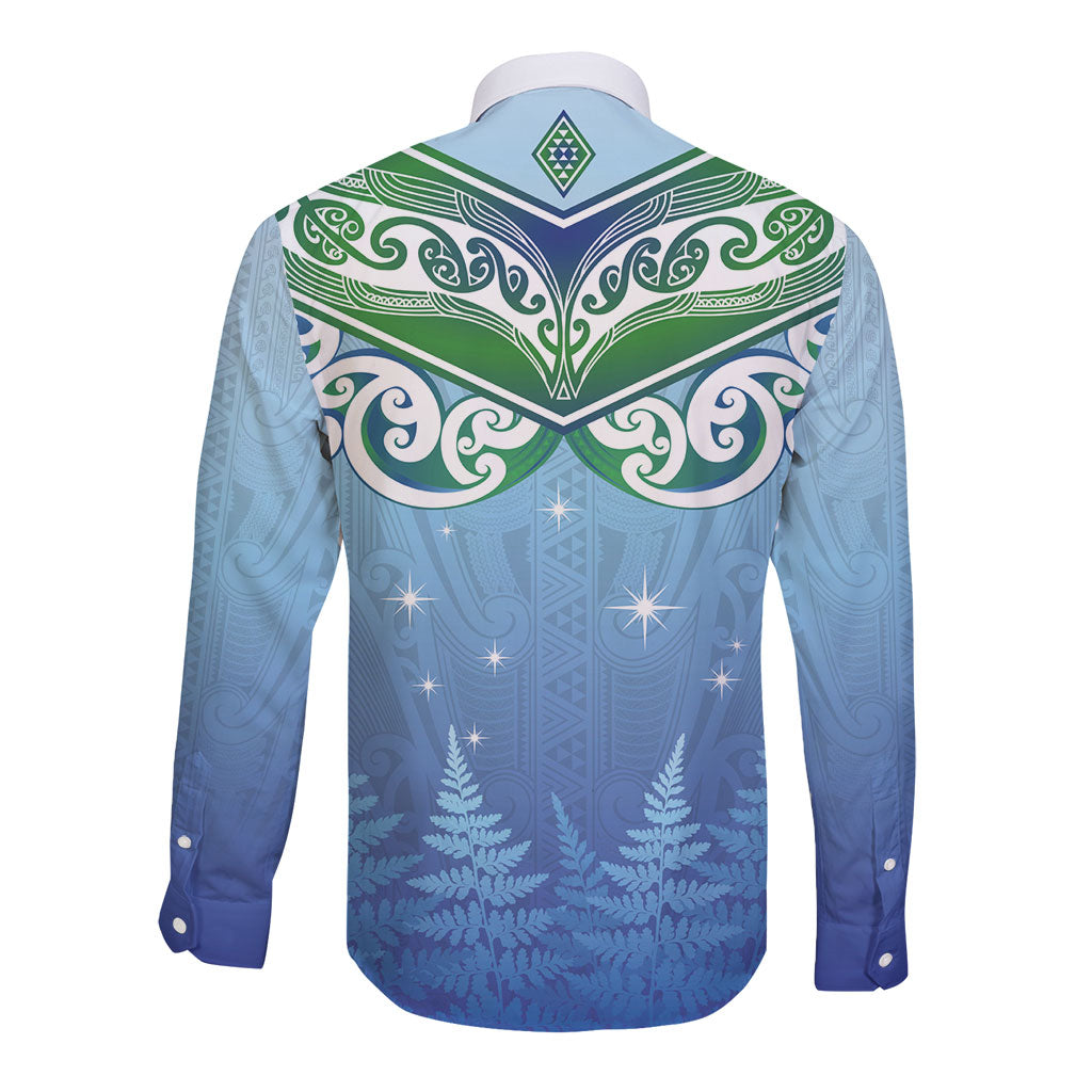 Aotearoa New Zealand New Year Long Sleeve Button Shirt Maori Motifs with Silver Fern and Matariki Stars LT03 - Polynesian Pride