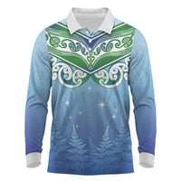 Aotearoa New Zealand New Year Long Sleeve Polo Shirt Maori Motifs with Silver Fern and Matariki Stars