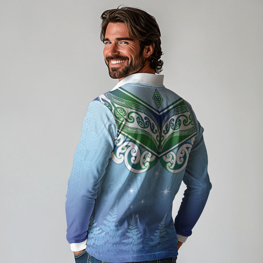 Aotearoa New Zealand New Year Long Sleeve Polo Shirt Maori Motifs with Silver Fern and Matariki Stars