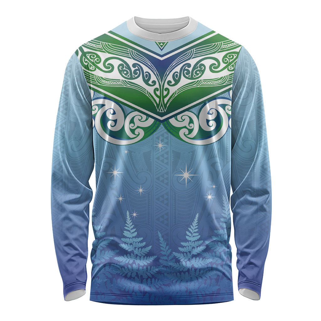 Aotearoa New Zealand New Year Long Sleeve Shirt Maori Motifs with Silver Fern and Matariki Stars