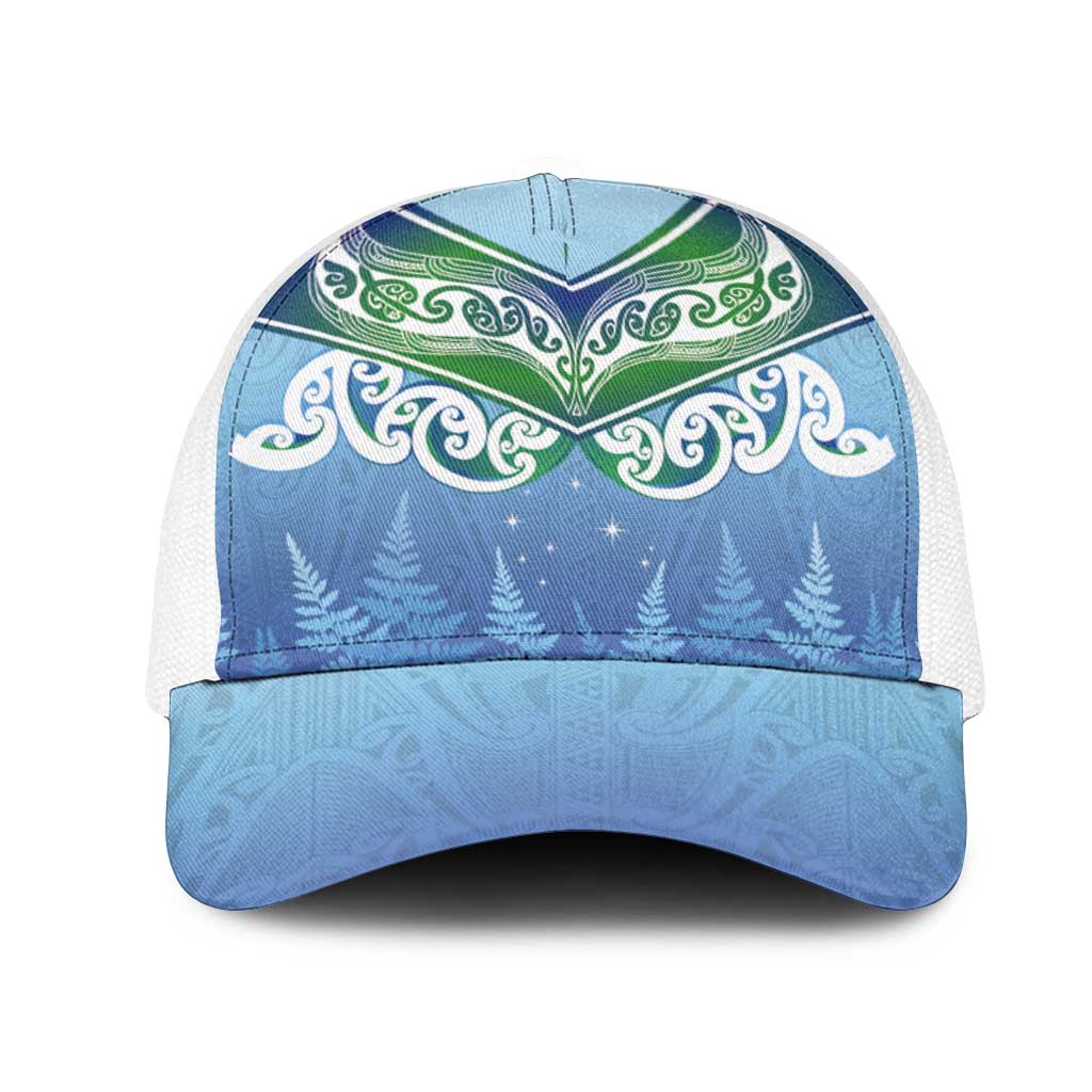 Aotearoa New Zealand New Year Mesh Trucker Cap Maori Motifs with Silver Fern and Matariki Stars LT03 One Size White Multicolor - Polynesian Pride