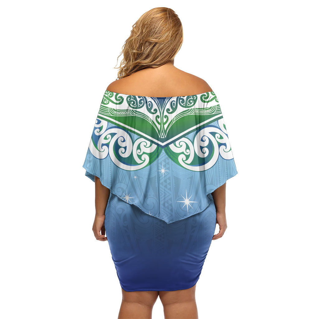 Aotearoa New Zealand New Year Off Shoulder Short Dress Maori Motifs with Silver Fern and Matariki Stars LT03 - Polynesian Pride