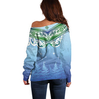 Aotearoa New Zealand New Year Off Shoulder Sweater Maori Motifs with Silver Fern and Matariki Stars LT03 - Polynesian Pride
