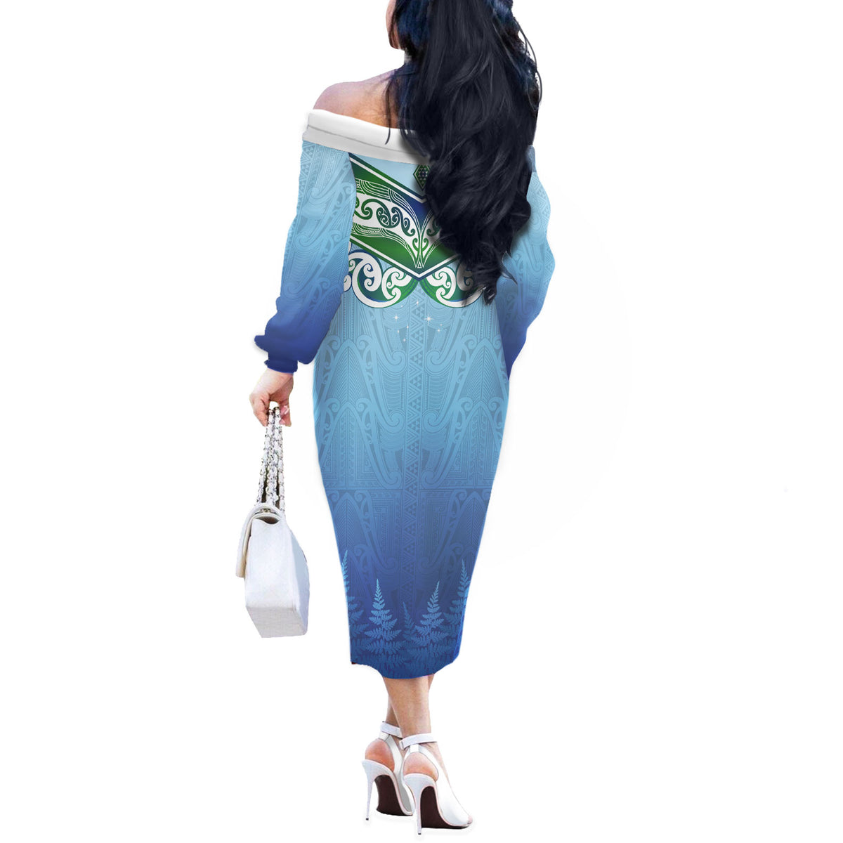 Aotearoa New Zealand New Year Off The Shoulder Long Sleeve Dress Maori Motifs with Silver Fern and Matariki Stars LT03 - Polynesian Pride