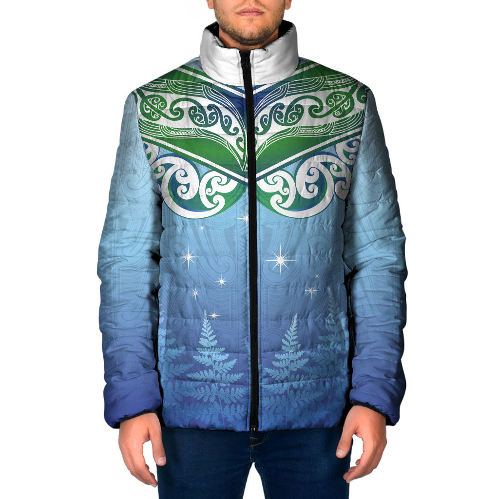 Aotearoa New Zealand New Year Padded Jacket Maori Motifs with Silver Fern and Matariki Stars