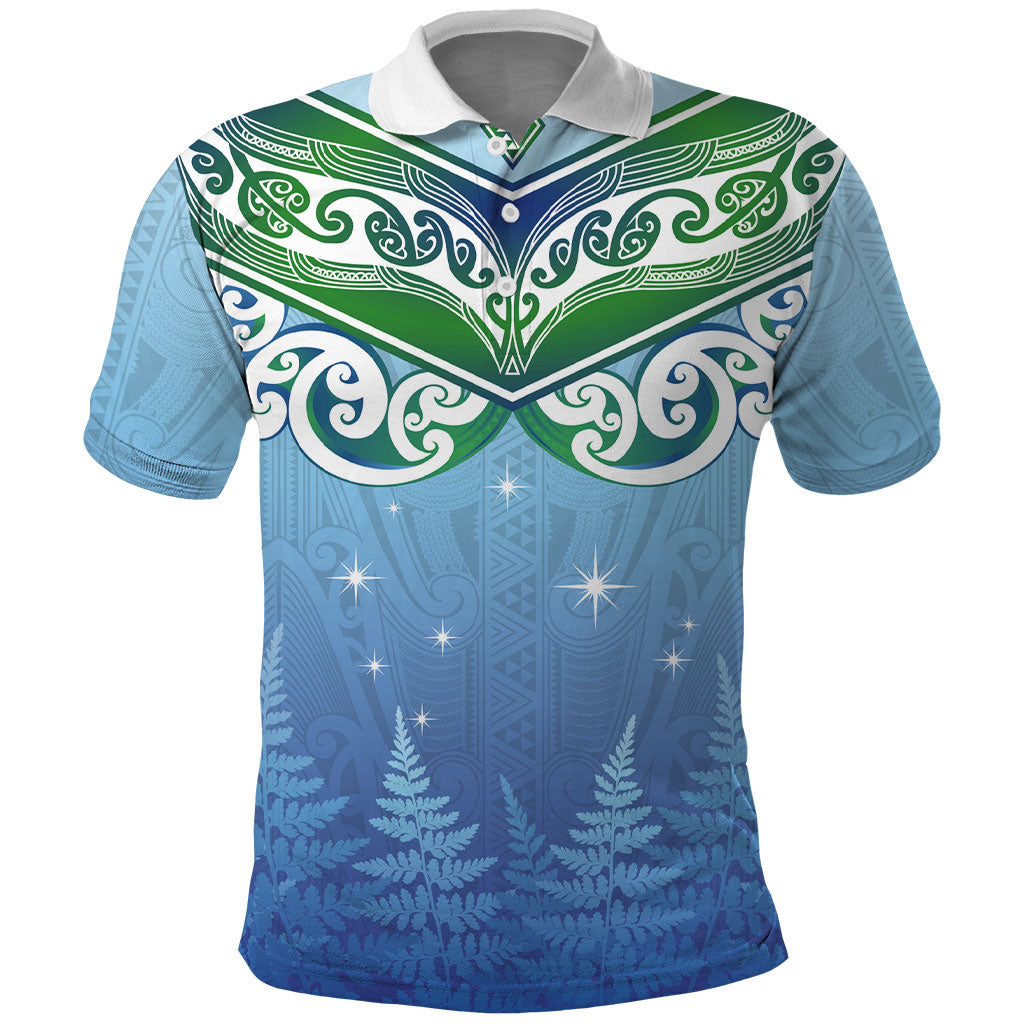 Aotearoa New Zealand New Year Polo Shirt Maori Motifs with Silver Fern and Matariki Stars LT03 Multicolor - Polynesian Pride