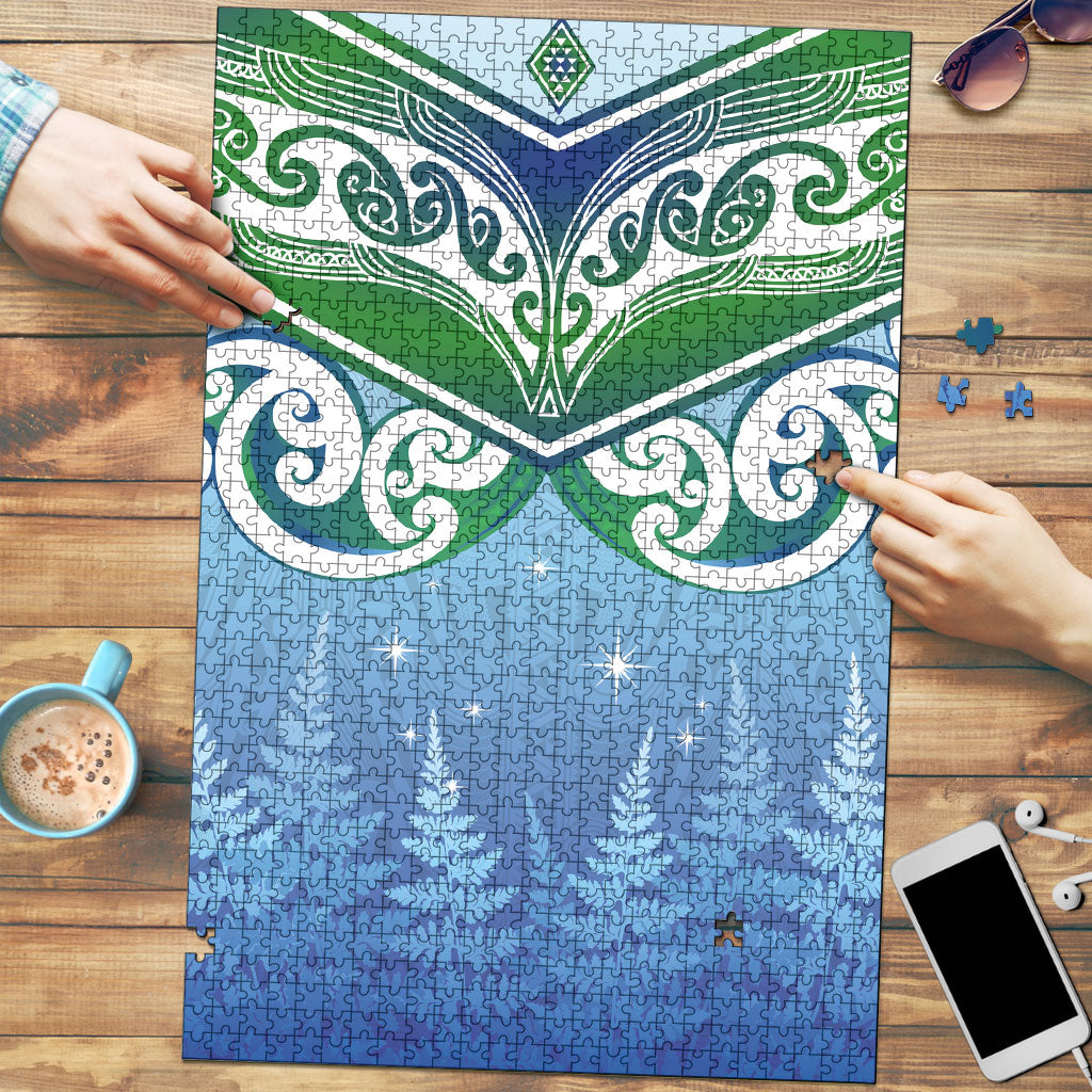 Aotearoa New Zealand New Year Puzzle Maori Motifs with Silver Fern and Matariki Stars