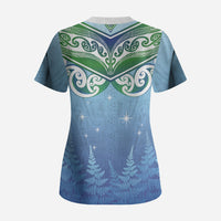 Aotearoa New Zealand New Year Scrub Top Maori Motifs with Silver Fern and Matariki Stars LT03 - Polynesian Pride