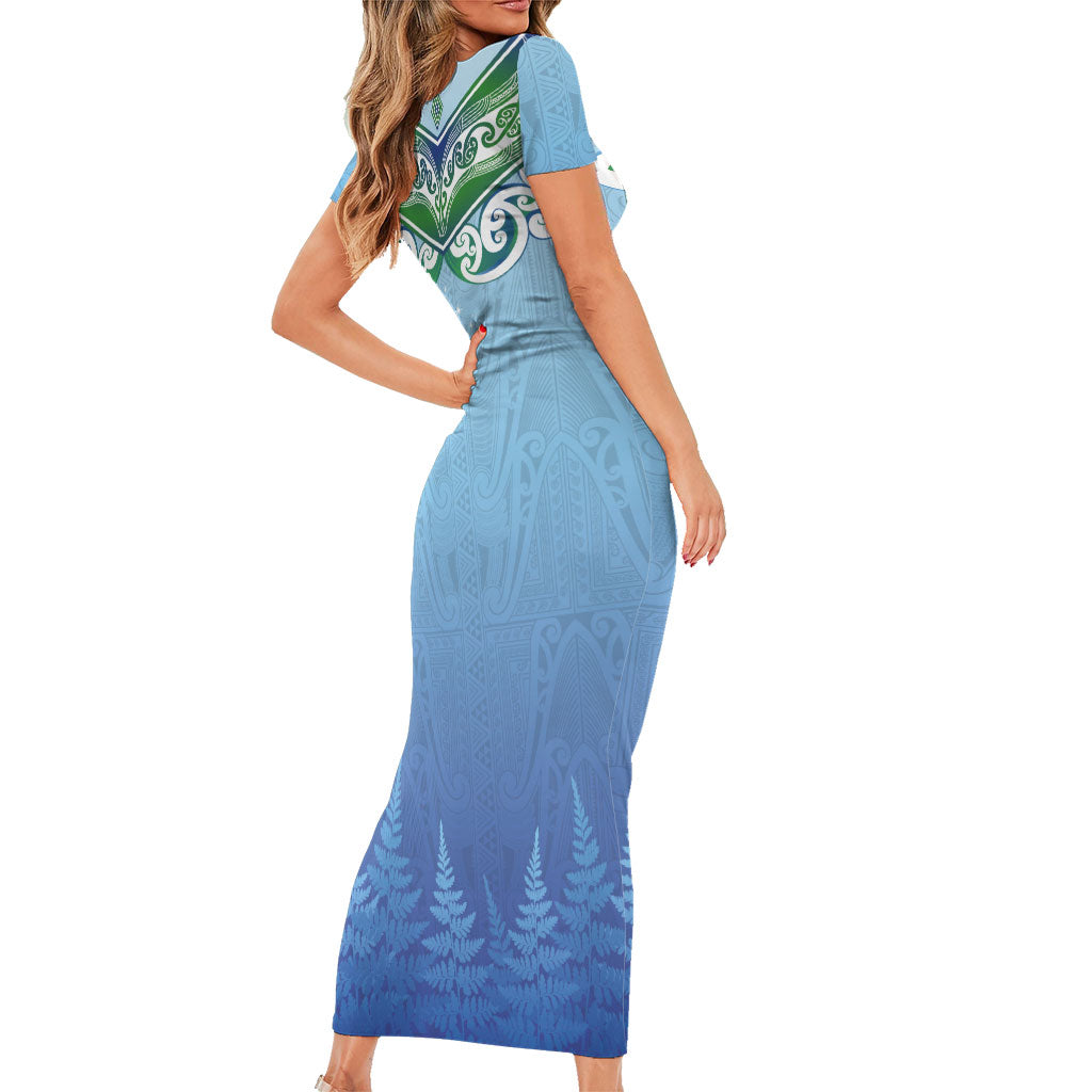 Aotearoa New Zealand New Year Short Sleeve Bodycon Dress Maori Motifs with Silver Fern and Matariki Stars