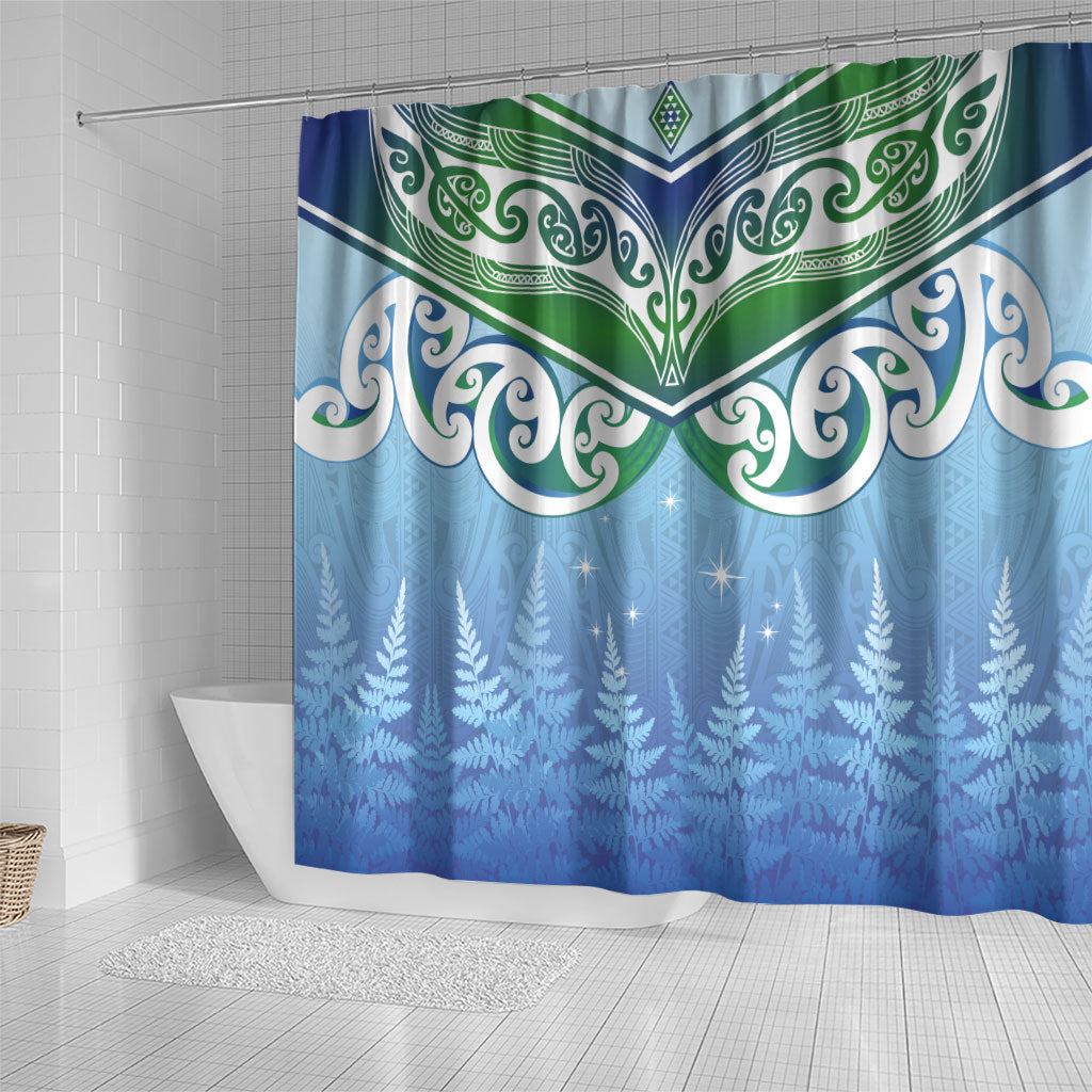 Aotearoa New Zealand New Year Shower Curtain Maori Motifs with Silver Fern and Matariki Stars LT03 - Polynesian Pride