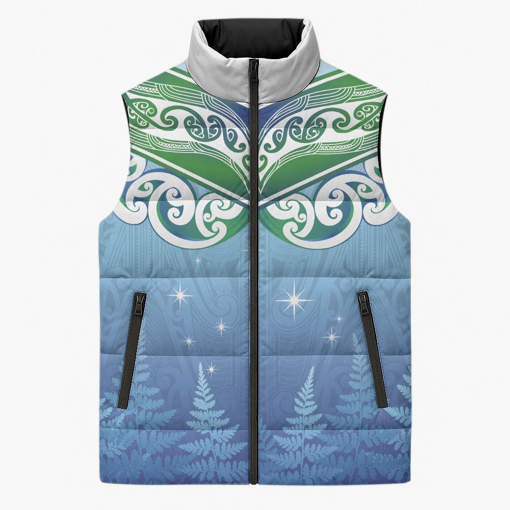Aotearoa New Zealand New Year Sleeveless Puffer Jacket Maori Motifs with Silver Fern and Matariki Stars LT03 Unisex Multicolor - Polynesian Pride