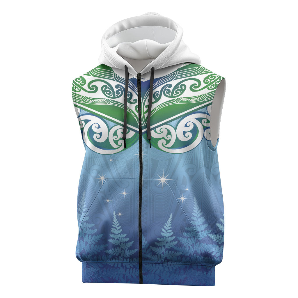 Aotearoa New Zealand New Year Sleeveless Zip Hoodie Maori Motifs with Silver Fern and Matariki Stars LT03 Multicolor - Polynesian Pride