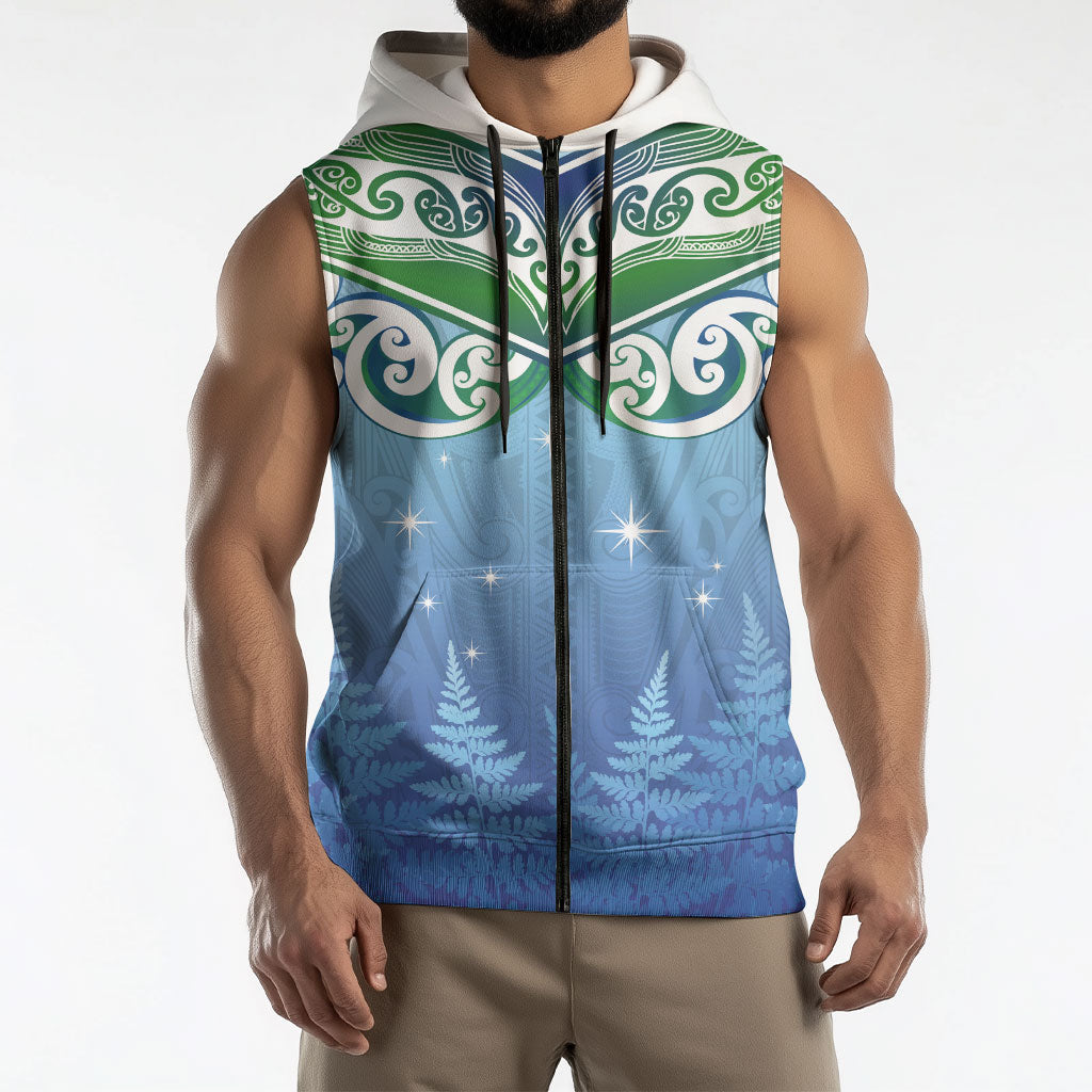 Aotearoa New Zealand New Year Sleeveless Zip Hoodie Maori Motifs with Silver Fern and Matariki Stars LT03 - Polynesian Pride