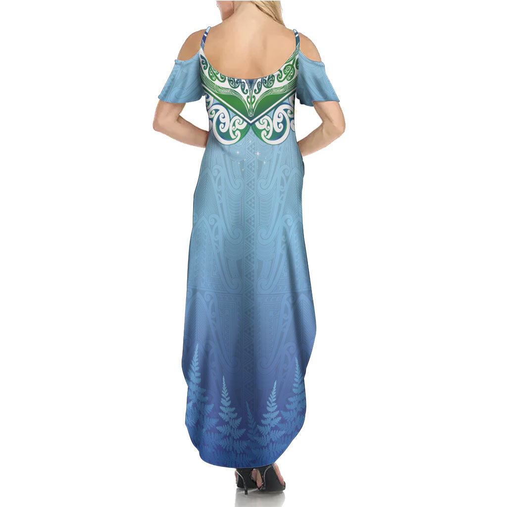 Aotearoa New Zealand New Year Summer Maxi Dress Maori Motifs with Silver Fern and Matariki Stars LT03 - Polynesian Pride