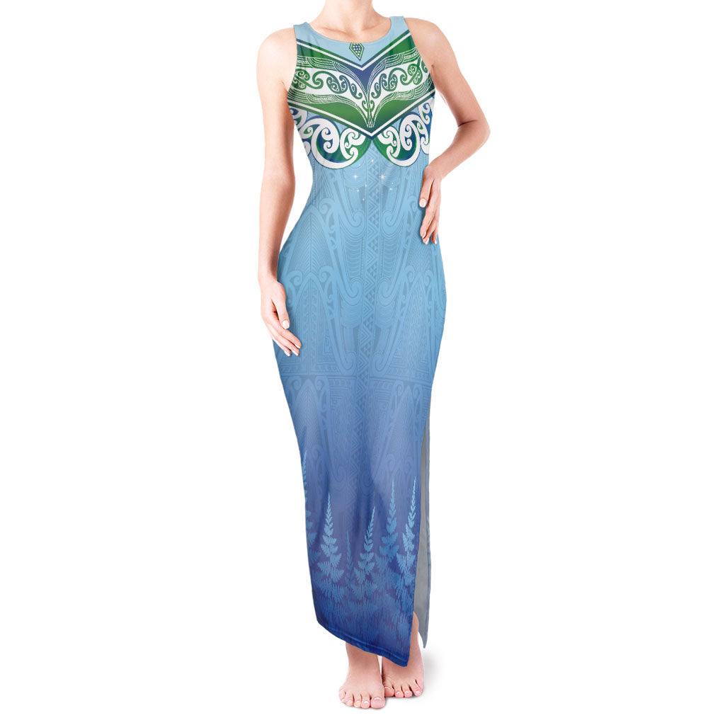 Aotearoa New Zealand New Year Tank Maxi Dress Maori Motifs with Silver Fern and Matariki Stars