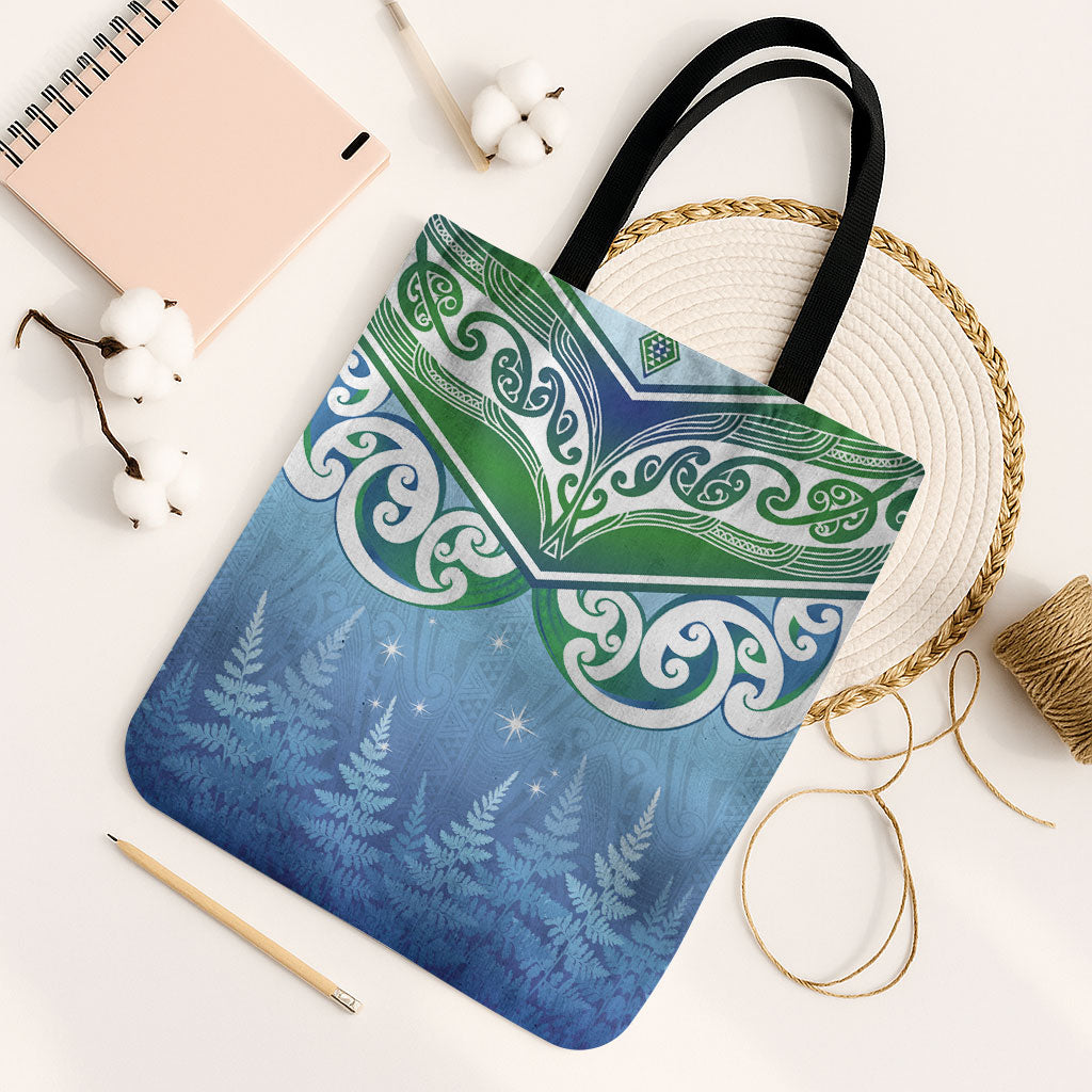 Aotearoa New Zealand New Year Tote Bag Maori Motifs with Silver Fern and Matariki Stars LT03 Black Strap One Size Multicolor - Polynesian Pride