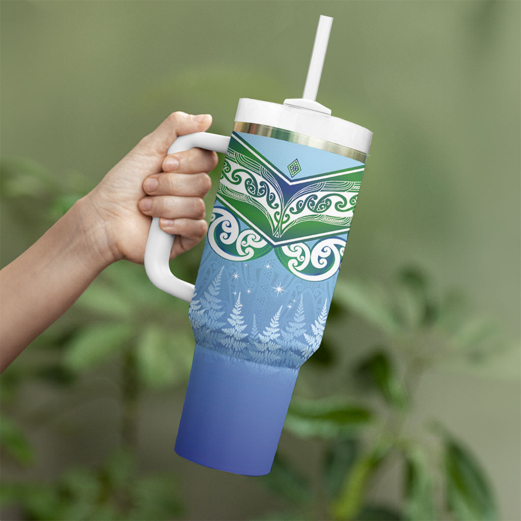 Aotearoa New Zealand New Year Tumbler With Handle Maori Motifs with Silver Fern and Matariki Stars LT03 - Polynesian Pride