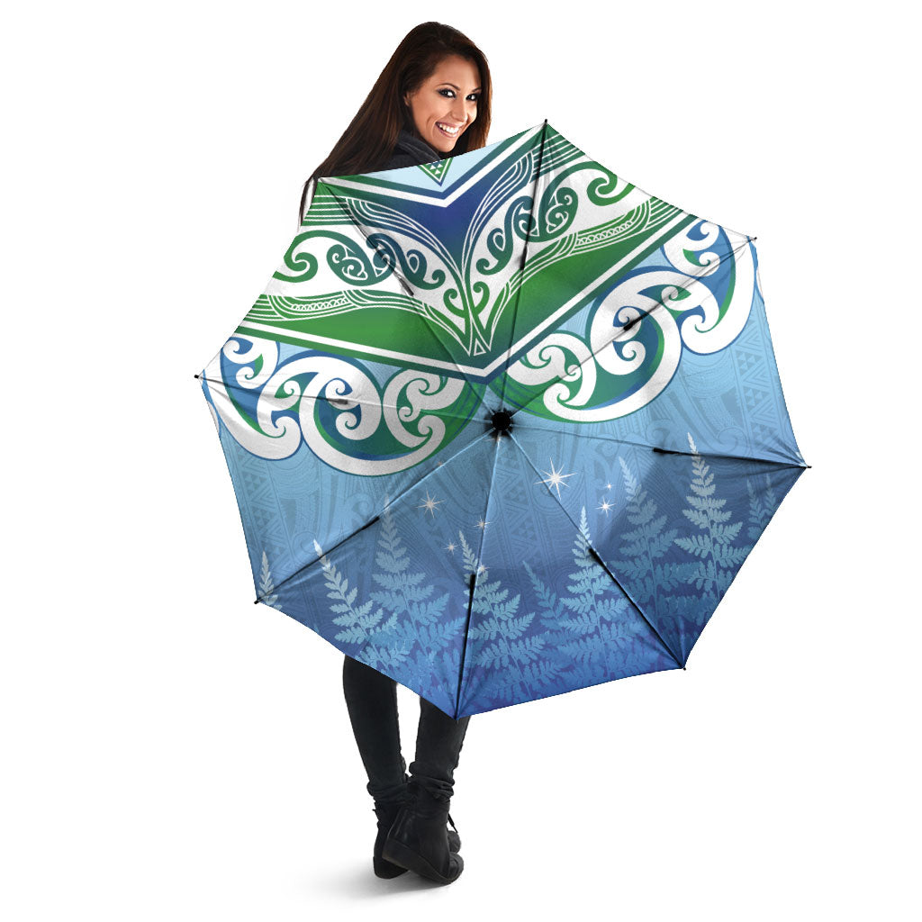Aotearoa New Zealand New Year Umbrella Maori Motifs with Silver Fern and Matariki Stars LT03 - Polynesian Pride
