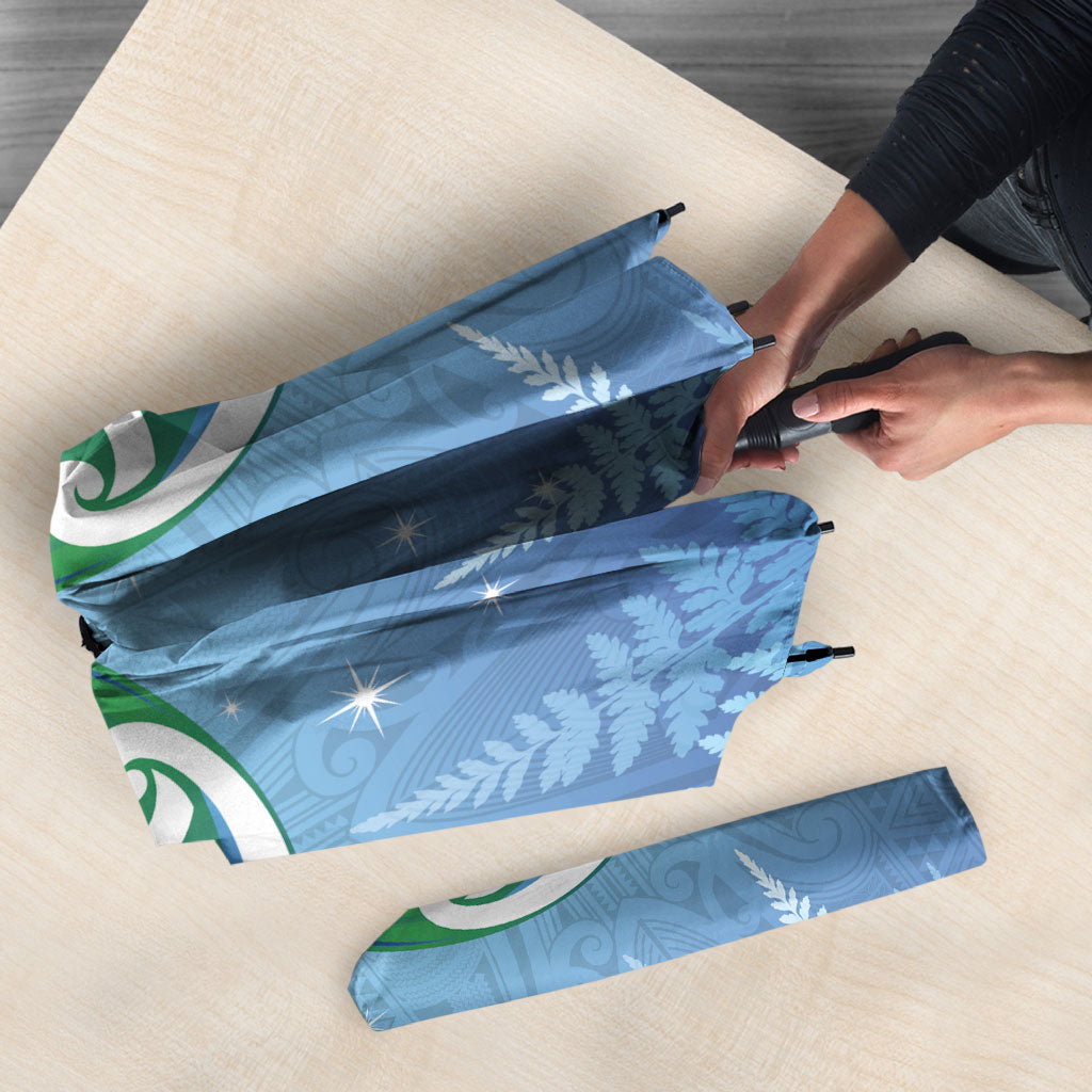 Aotearoa New Zealand New Year Umbrella Maori Motifs with Silver Fern and Matariki Stars LT03 - Polynesian Pride