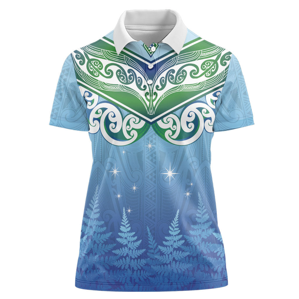 Aotearoa New Zealand New Year Women Polo Shirt Maori Motifs with Silver Fern and Matariki Stars LT03 Female Multicolor - Polynesian Pride