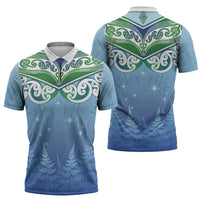 Aotearoa New Zealand New Year Zipper Polo Shirt Maori Motifs with Silver Fern and Matariki Stars LT03 - Polynesian Pride