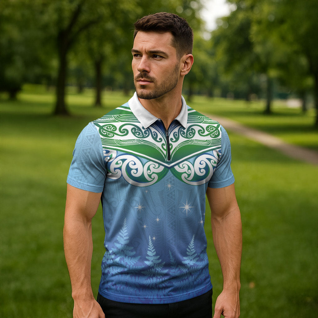 Aotearoa New Zealand New Year Zipper Polo Shirt Maori Motifs with Silver Fern and Matariki Stars LT03 - Polynesian Pride