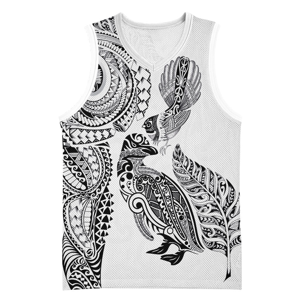 Aotearoa Moko Tribal Tattoo Basketball Jersey New Zealand Maori Penguin and Fantail White Color