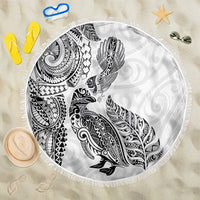 Aotearoa Moko Tribal Tattoo Beach Blanket New Zealand Maori Penguin and Fantail White Color