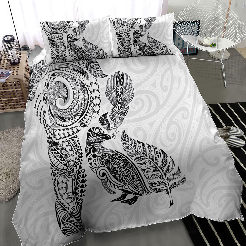 Aotearoa Moko Tribal Tattoo Bedding Set New Zealand Maori Penguin and Fantail White Color LT03 - Polynesian Pride