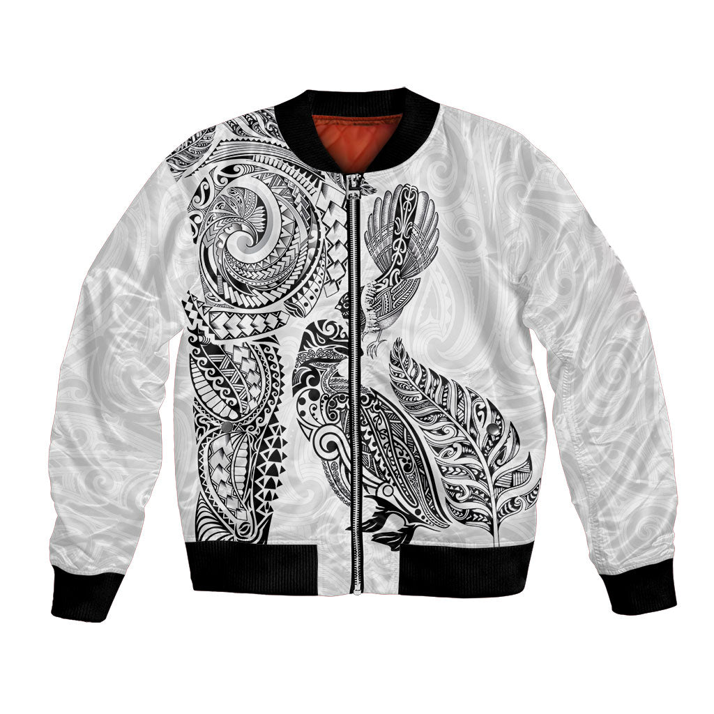 Aotearoa Moko Tribal Tattoo Bomber Jacket New Zealand Maori Penguin and Fantail White Color