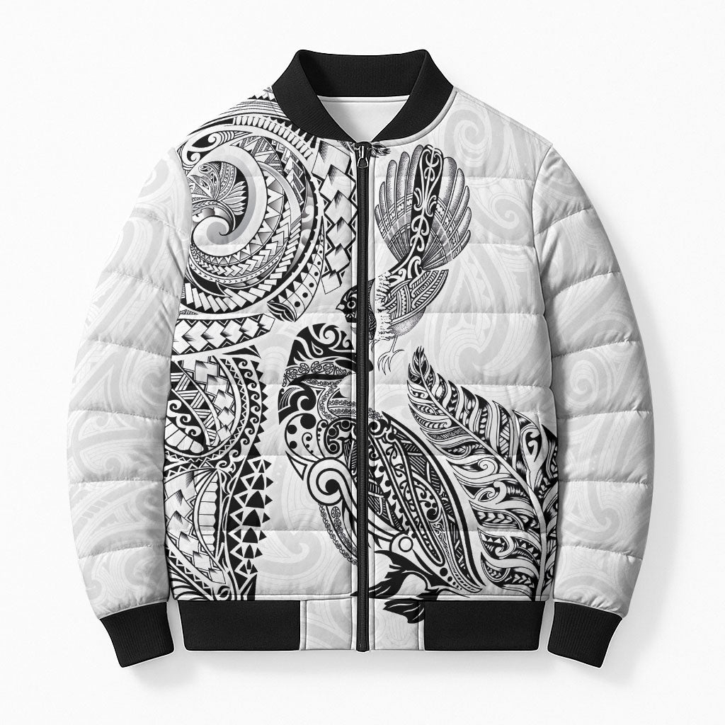 Aotearoa Moko Tribal Tattoo Bomber Puffer Jacket New Zealand Maori Penguin and Fantail White Color LT03 Unisex White - Polynesian Pride
