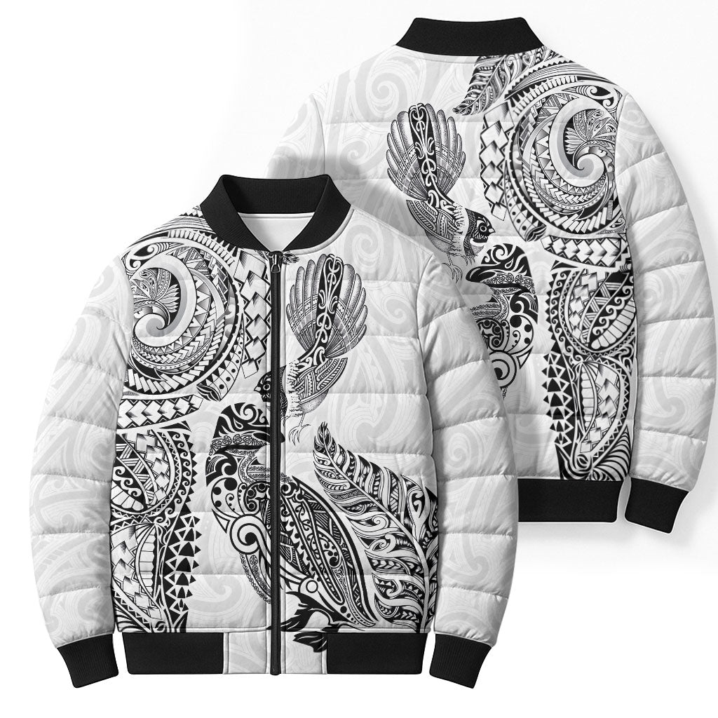 Aotearoa Moko Tribal Tattoo Bomber Puffer Jacket New Zealand Maori Penguin and Fantail White Color LT03 - Polynesian Pride