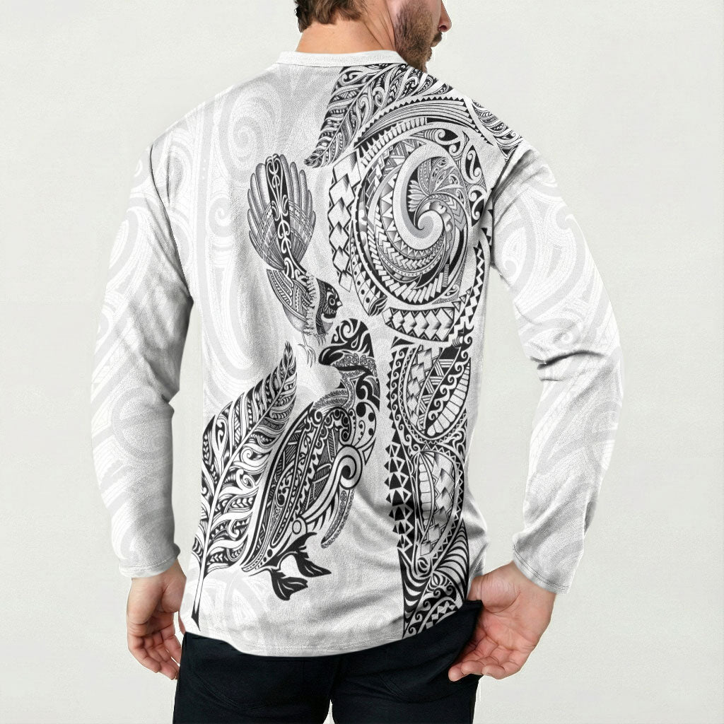 Aotearoa Moko Tribal Tattoo Button Sweatshirt New Zealand Maori Penguin and Fantail White Color LT03 - Polynesian Pride