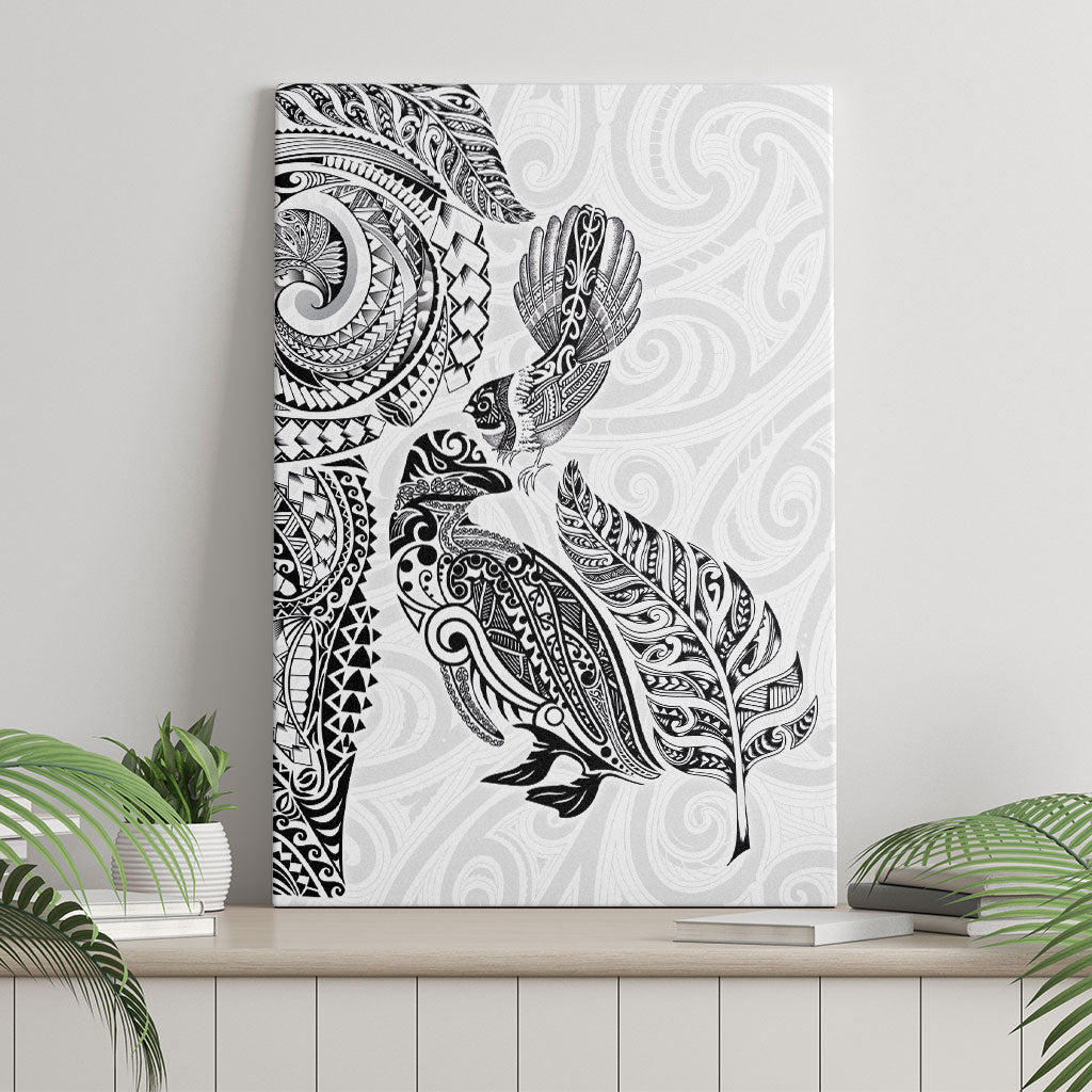 Aotearoa Moko Tribal Tattoo Canvas Wall Art New Zealand Maori Penguin and Fantail White Color LT03 - Polynesian Pride