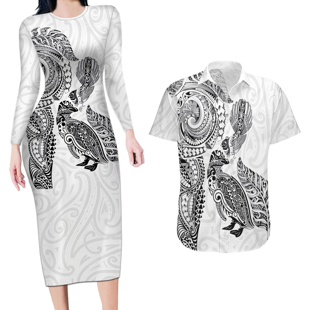 Aotearoa Moko Tribal Tattoo Couples Matching Long Sleeve Bodycon Dress and Hawaiian Shirt New Zealand Maori Penguin and Fantail White Color