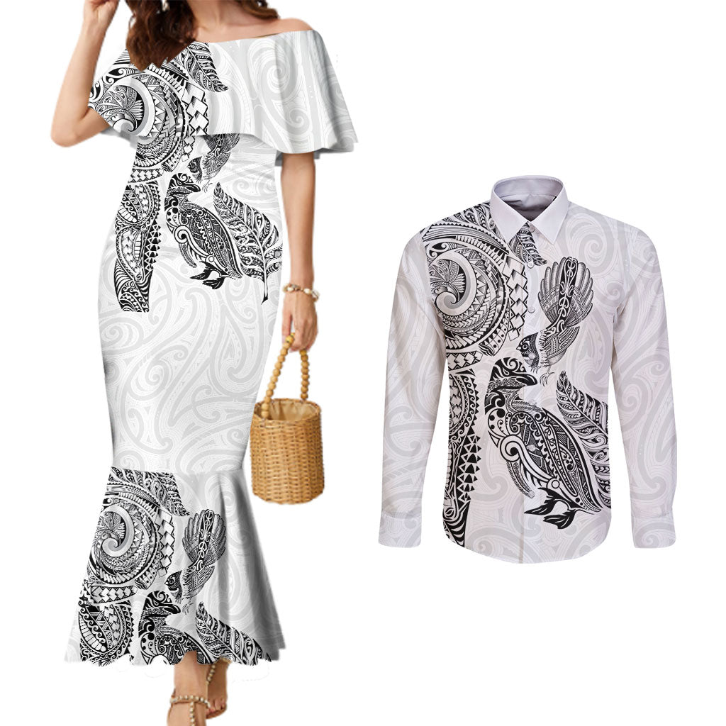 Aotearoa Moko Tribal Tattoo Couples Matching Mermaid Dress and Long Sleeve Button Shirt New Zealand Maori Penguin and Fantail White Color LT03 White - Polynesian Pride