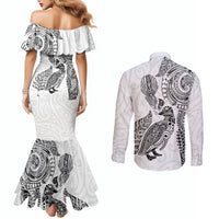 Aotearoa Moko Tribal Tattoo Couples Matching Mermaid Dress and Long Sleeve Button Shirt New Zealand Maori Penguin and Fantail White Color LT03 - Polynesian Pride
