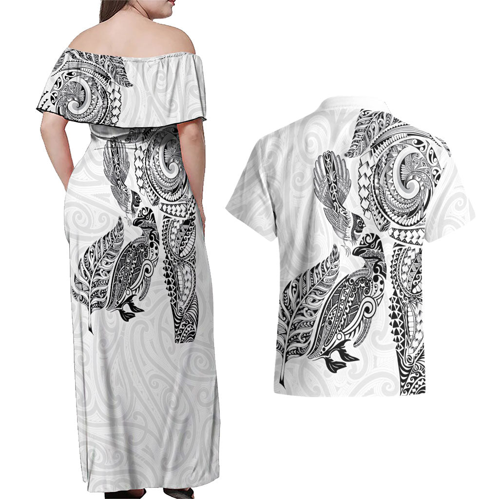 Aotearoa Moko Tribal Tattoo Couples Matching Off Shoulder Maxi Dress and Hawaiian Shirt New Zealand Maori Penguin and Fantail White Color LT03 - Polynesian Pride