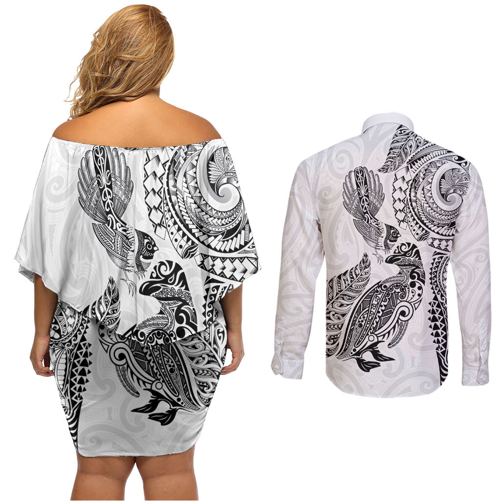 Aotearoa Moko Tribal Tattoo Couples Matching Off Shoulder Short Dress and Long Sleeve Button Shirt New Zealand Maori Penguin and Fantail White Color LT03 - Polynesian Pride