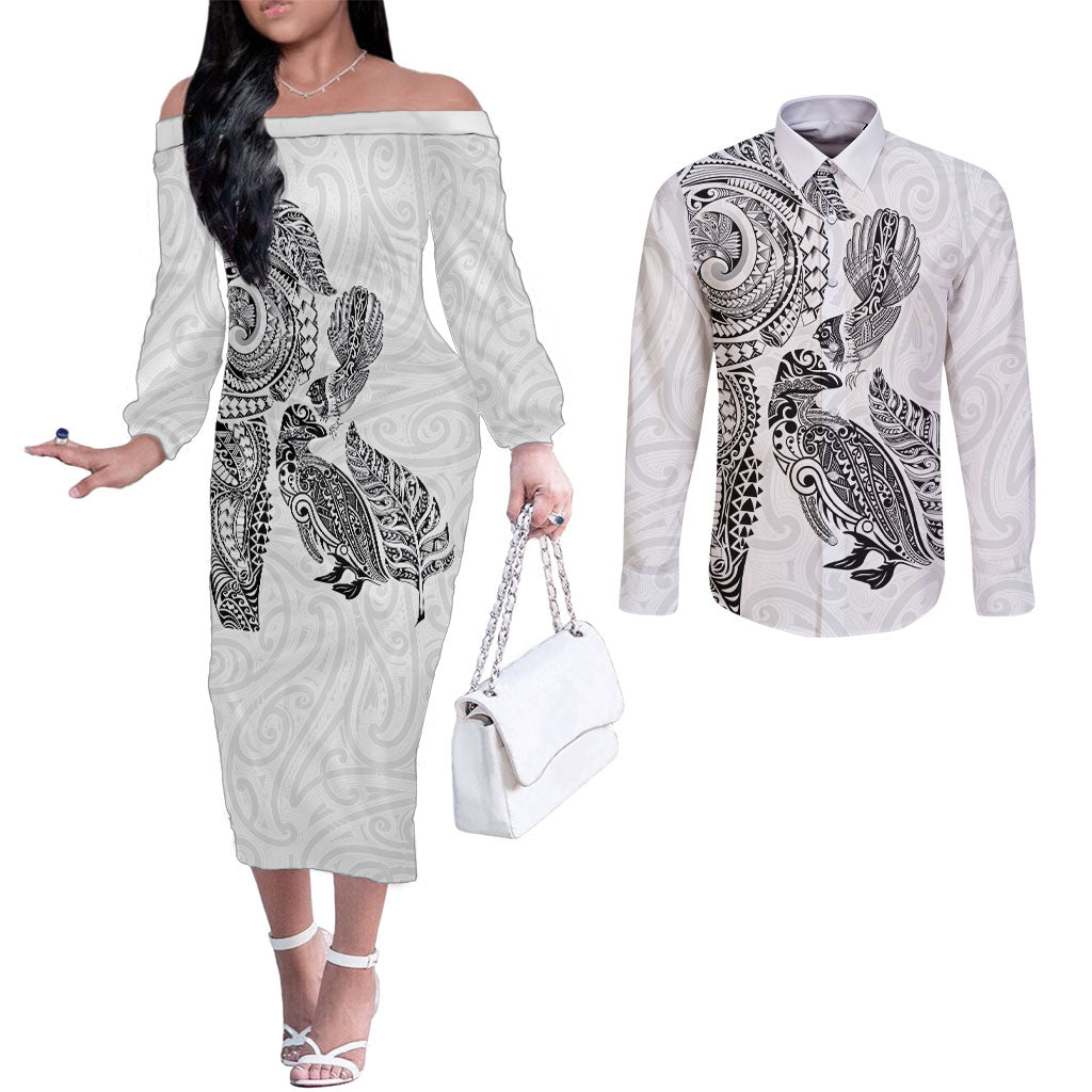 Aotearoa Moko Tribal Tattoo Couples Matching Off The Shoulder Long Sleeve Dress and Long Sleeve Button Shirt New Zealand Maori Penguin and Fantail White Color