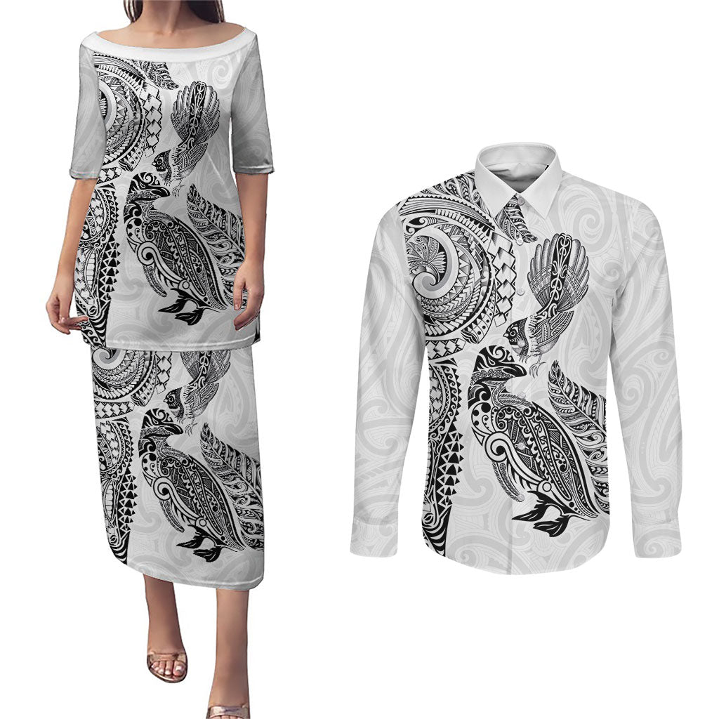 Aotearoa Moko Tribal Tattoo Couples Matching Puletasi and Long Sleeve Button Shirt New Zealand Maori Penguin and Fantail White Color