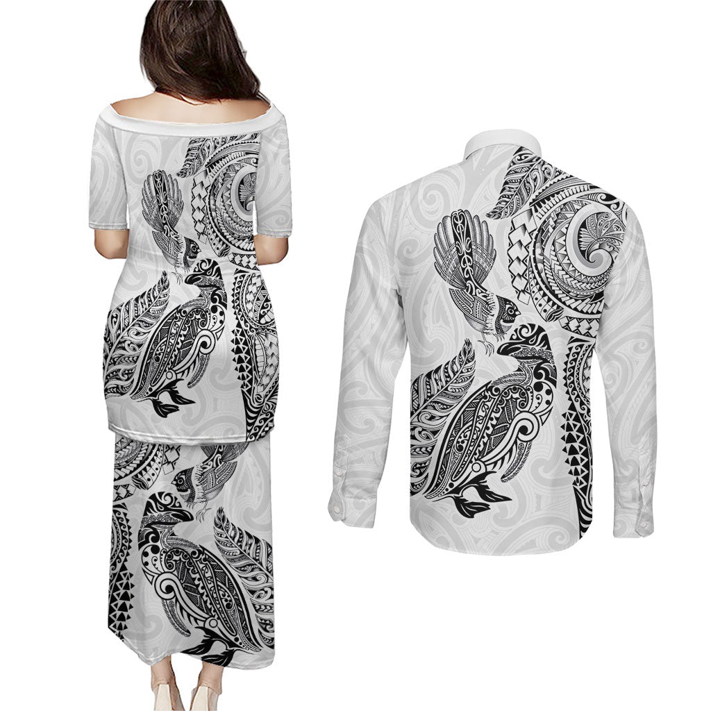Aotearoa Moko Tribal Tattoo Couples Matching Puletasi and Long Sleeve Button Shirt New Zealand Maori Penguin and Fantail White Color LT03 - Polynesian Pride