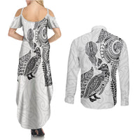 Aotearoa Moko Tribal Tattoo Couples Matching Summer Maxi Dress and Long Sleeve Button Shirt New Zealand Maori Penguin and Fantail White Color LT03 - Polynesian Pride